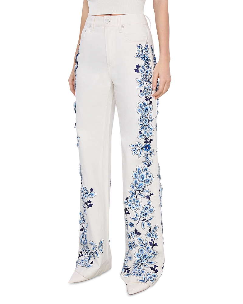 Alice And Olivia Weezy Floral Embroidered Pants In Off White
