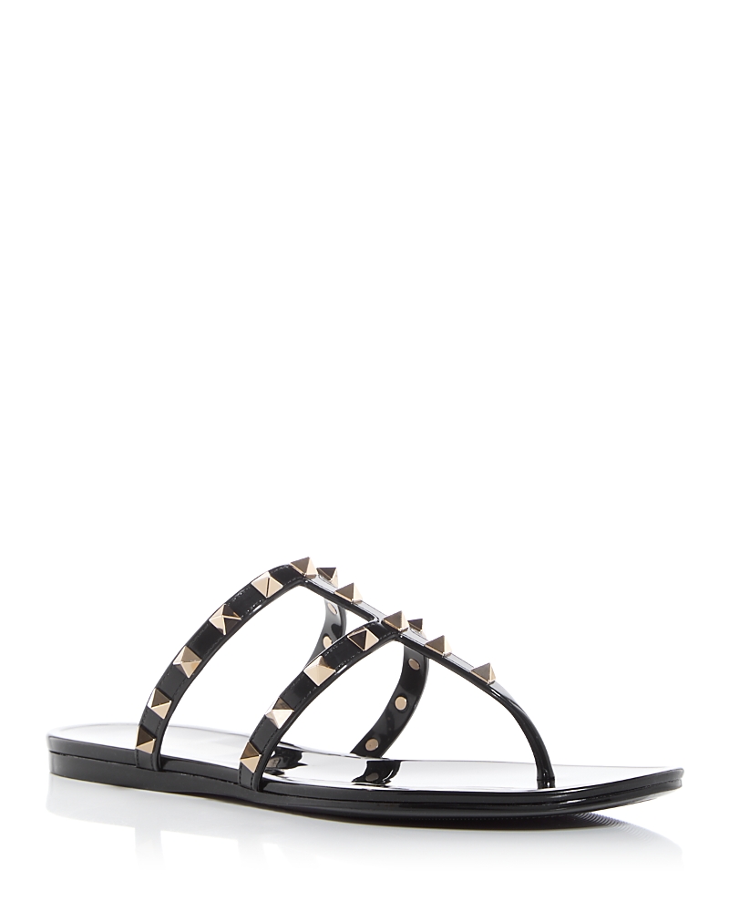 Valentino Rockstud T-strap Flat Slide Sandals In Black