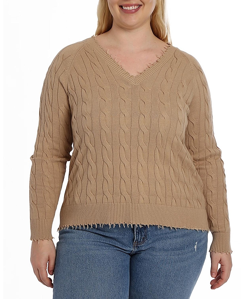 Minnie Rose Plus Size Cotton Frayed Cable Long Sleeve V Neck Sweater Top