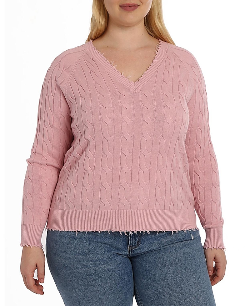 Minnie Rose Plus Size Cotton Frayed Cable Long Sleeve V Neck Sweater Top