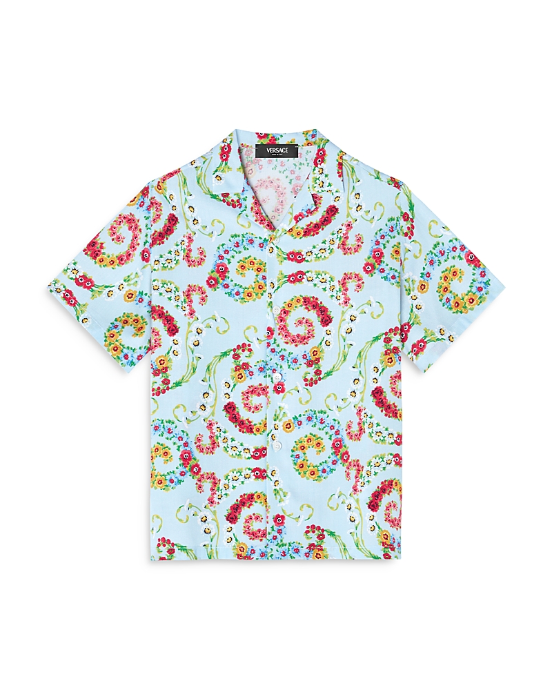 Versace Barocco Floral Print Short-sleeve Shirt In Pastel Blue
